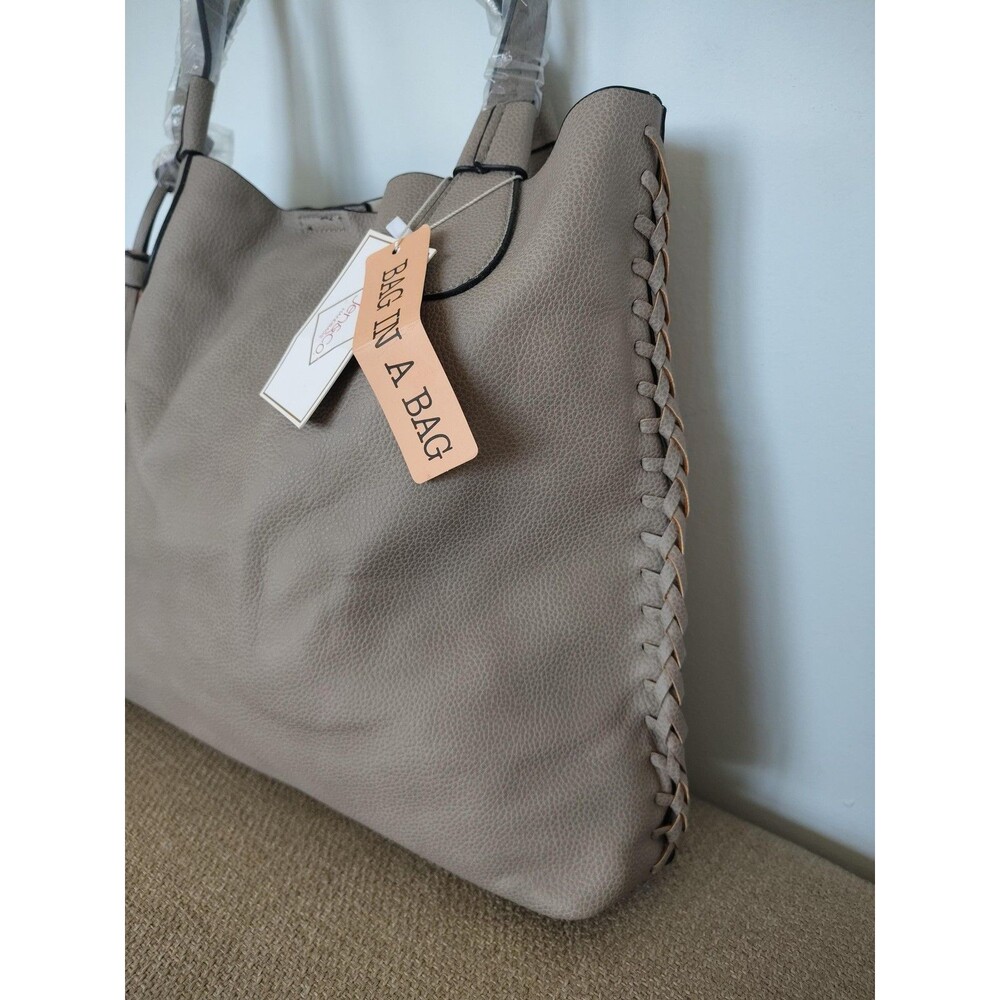 Jen Co Tote Large Gray Bag In A Bag Tassel Pouch Purse Vegan Faux Leather Beige - Picture 11 of 16